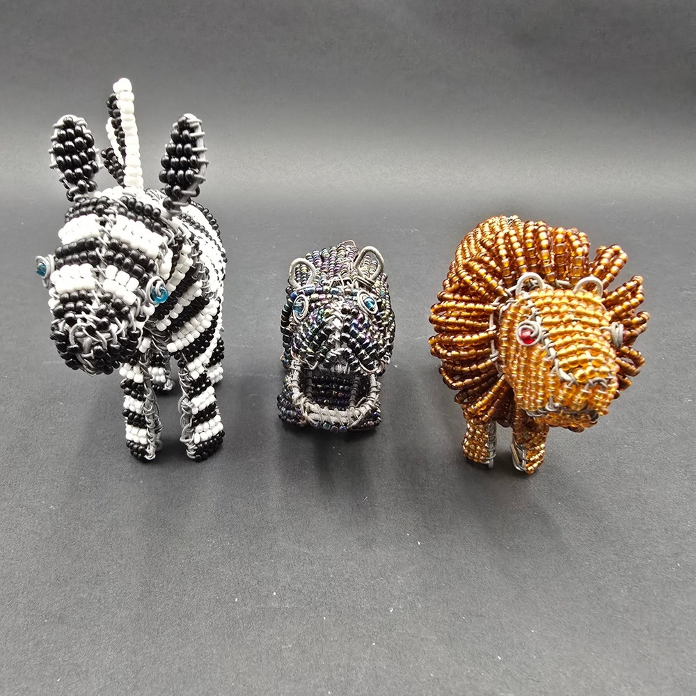 African Wire Bead Animal Figurines Set Lion Zebra Hippo Safari Folk Art 3pc - Picture 2 of 12